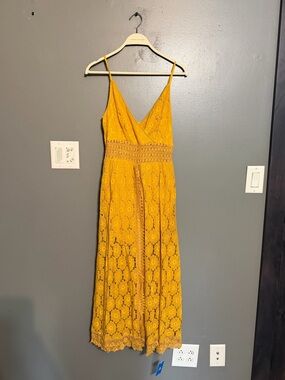 NWT Cupshe Yellow Lace Maxi Romper Dress Built In Shorts Boho Size S